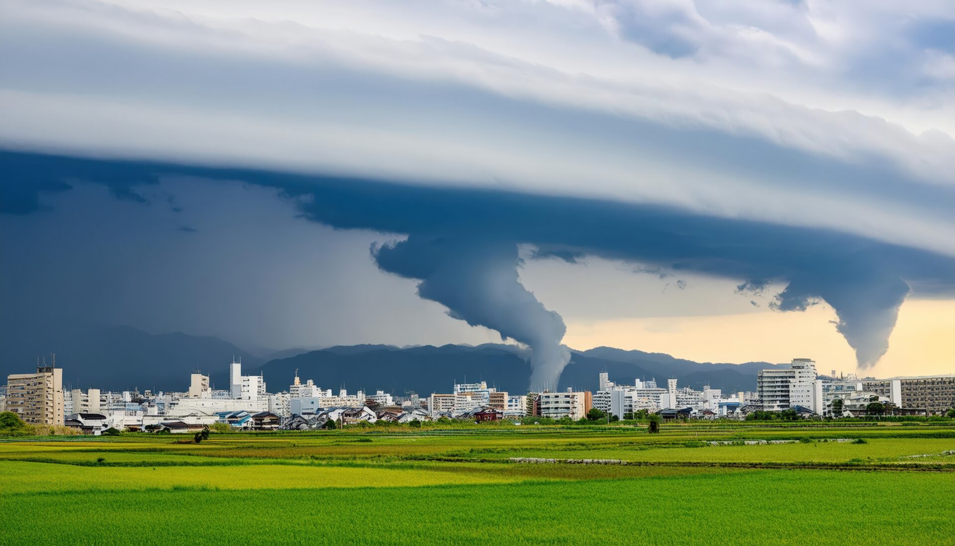 田園地帯に発生した竜巻