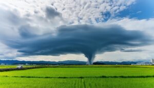 水田に迫る竜巻