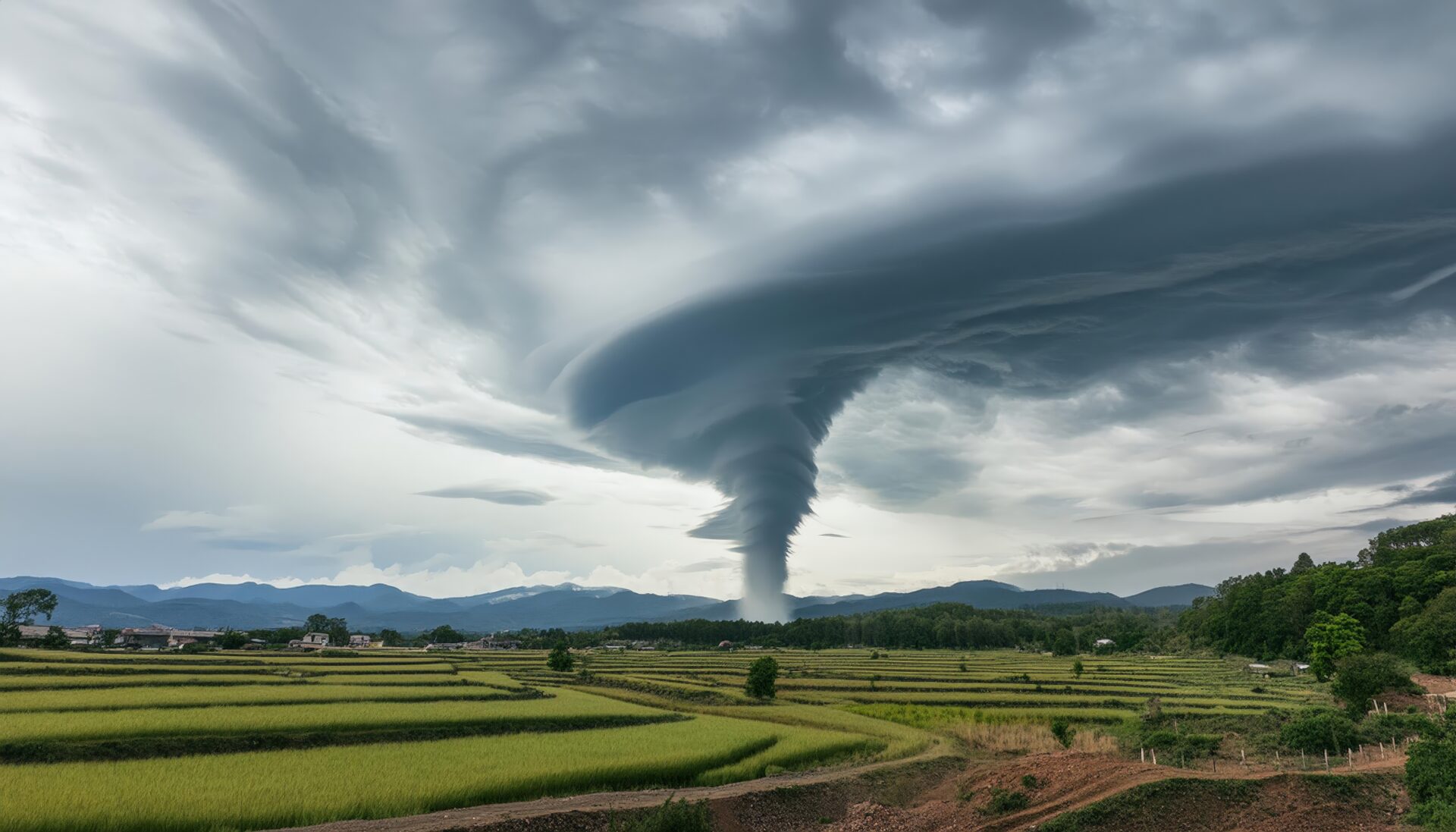 広がる田畑と竜巻