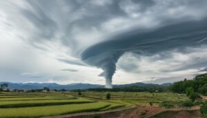 広がる田畑と竜巻