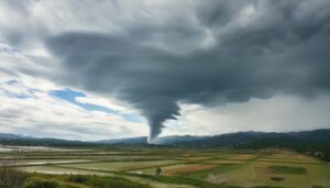 水田に向かう竜巻