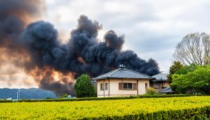 家屋と黒煙