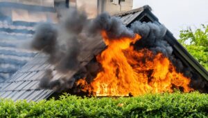 屋根から出火する住宅