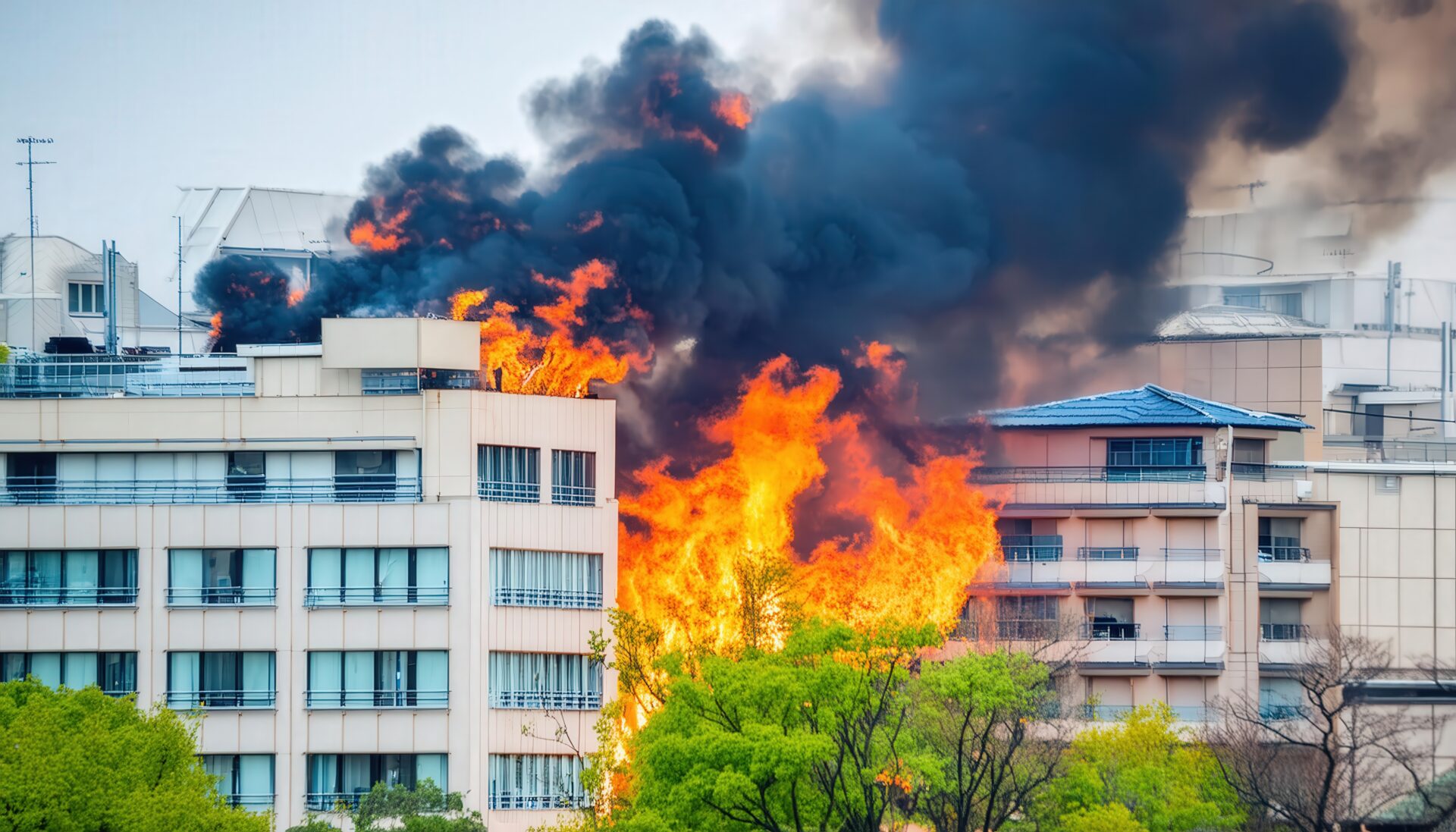 ビル火災の炎と黒煙