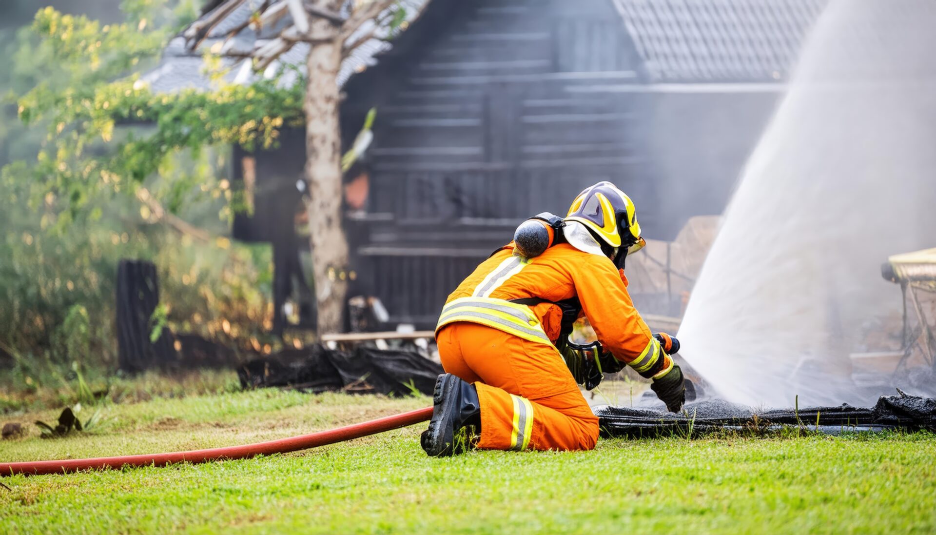地面から放水する消防士