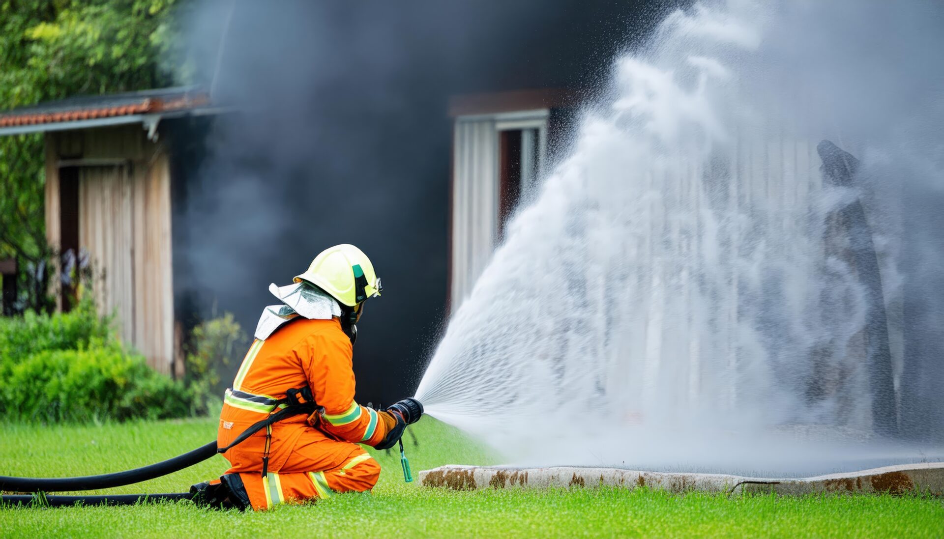 黒煙の中で消火する消防士