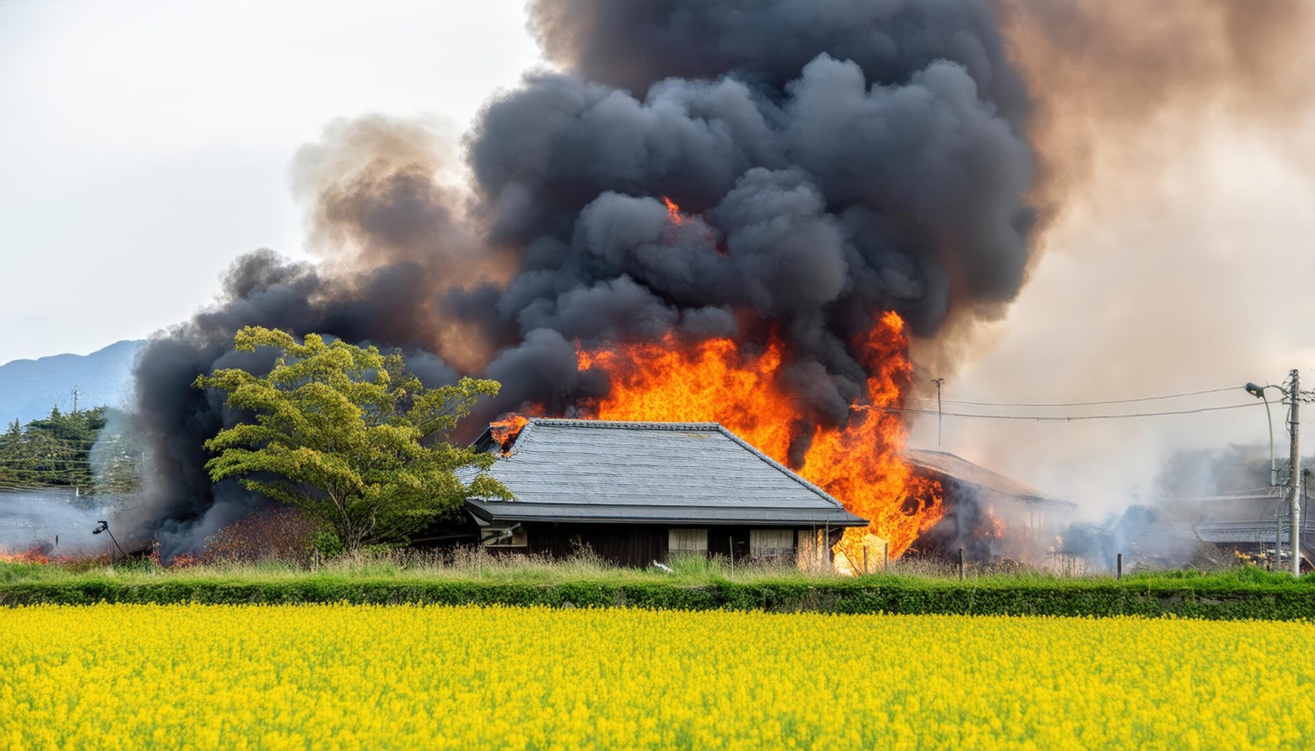 田園地帯での火災