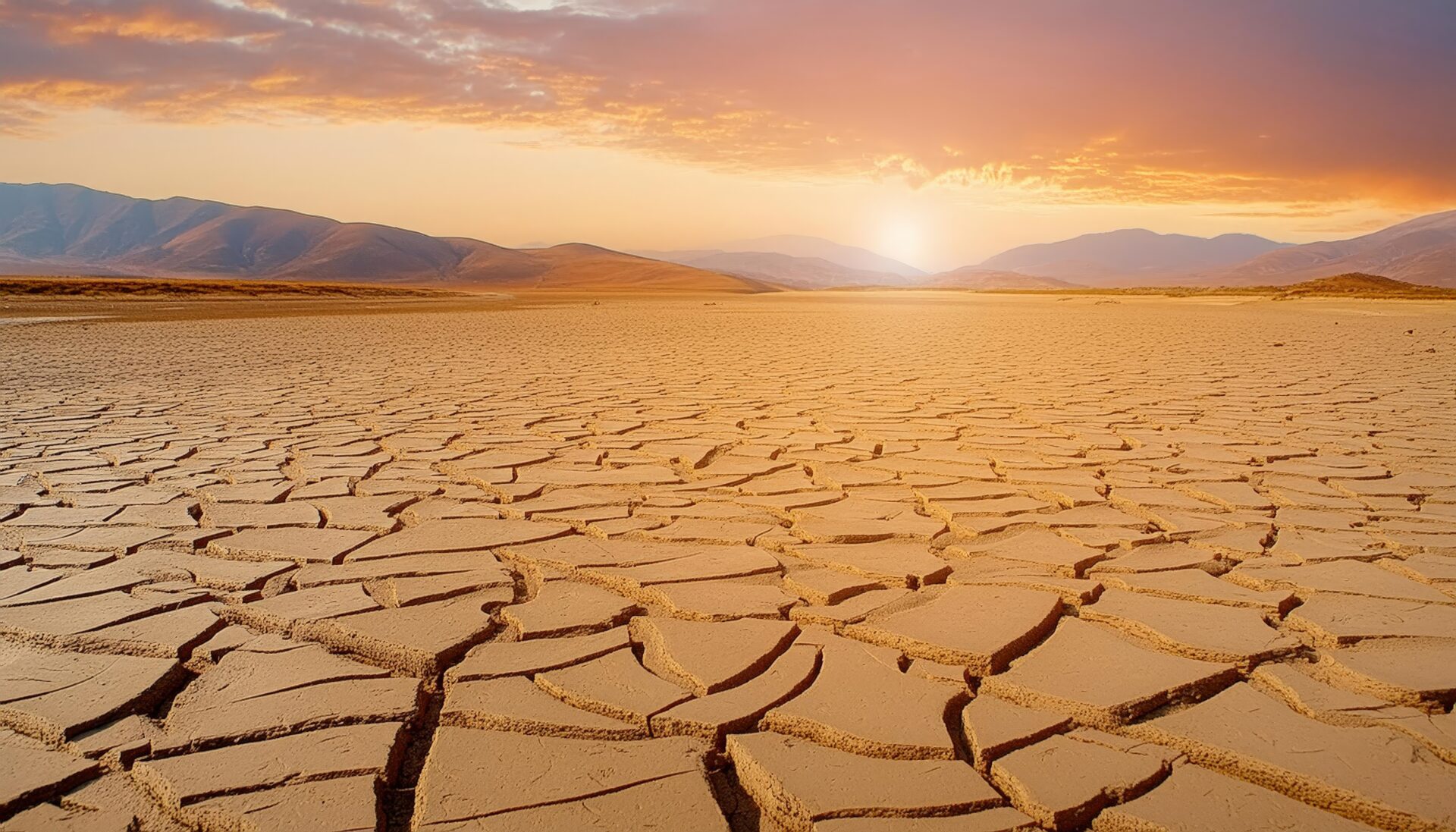 干ばつの平原と夕焼け