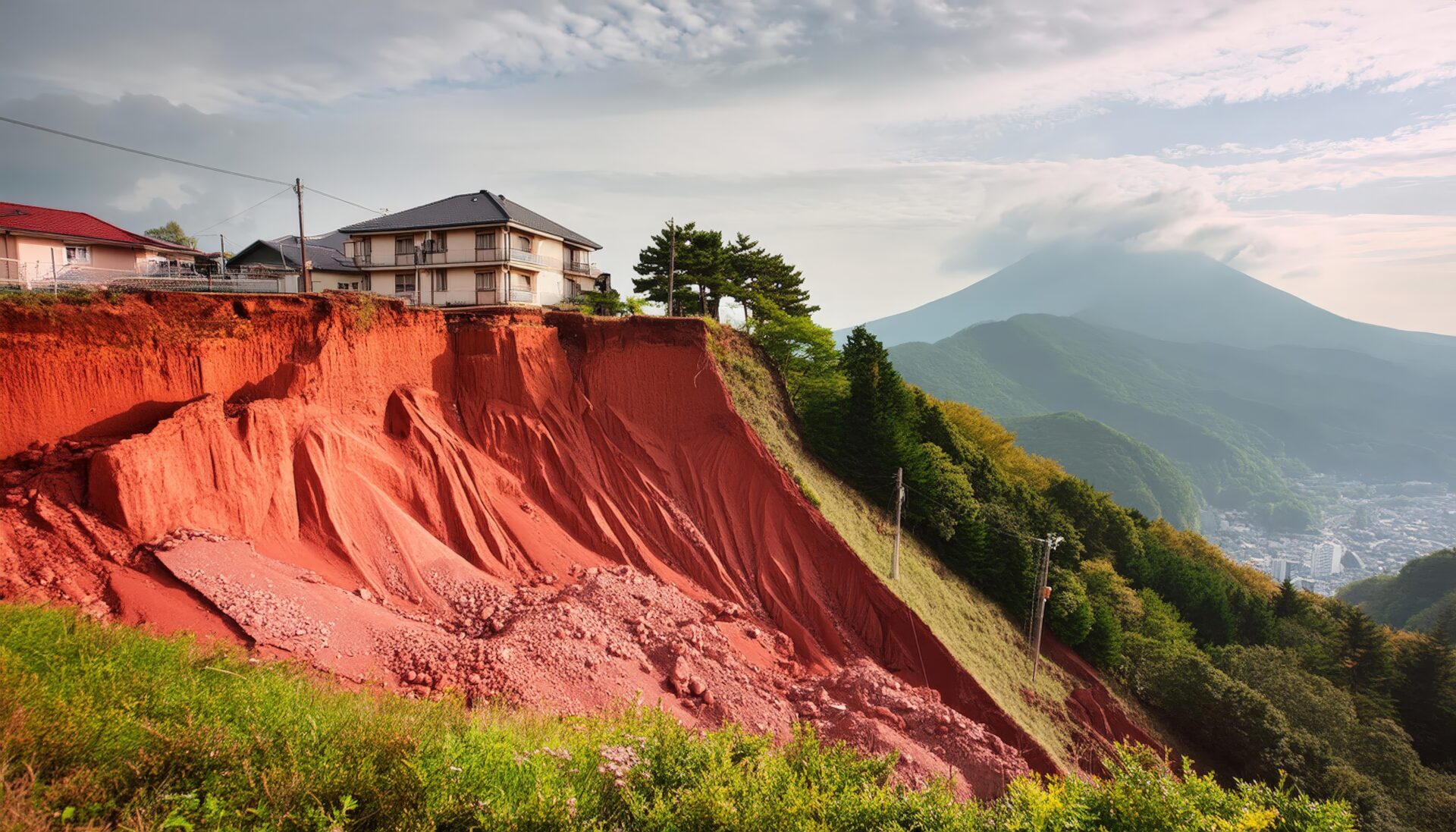富士山を望む崖崩れ現場