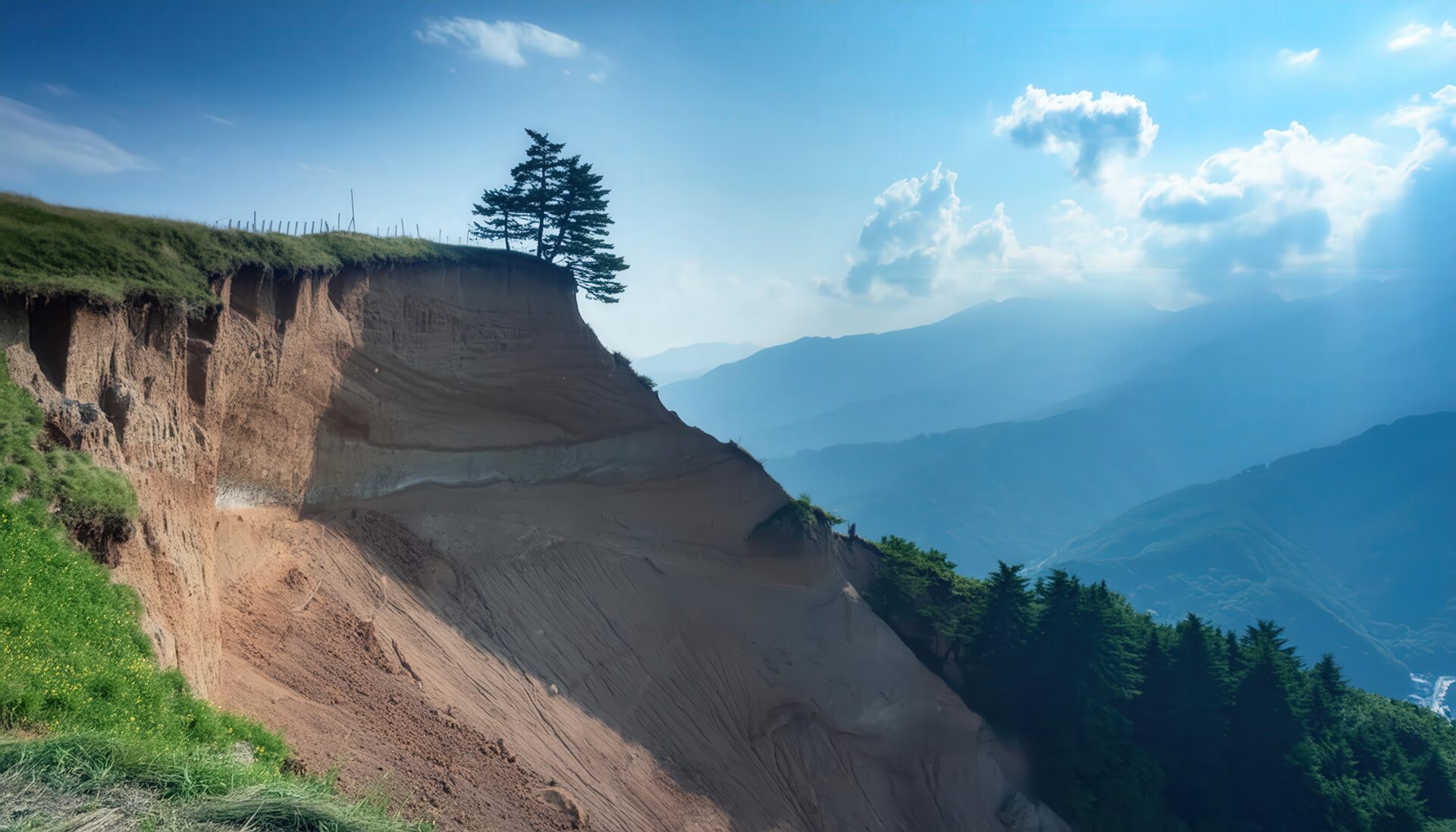山の崖崩れと孤立した木