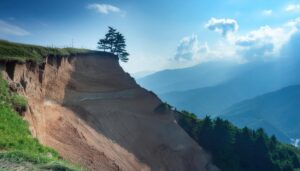 山の崖崩れと孤立した木