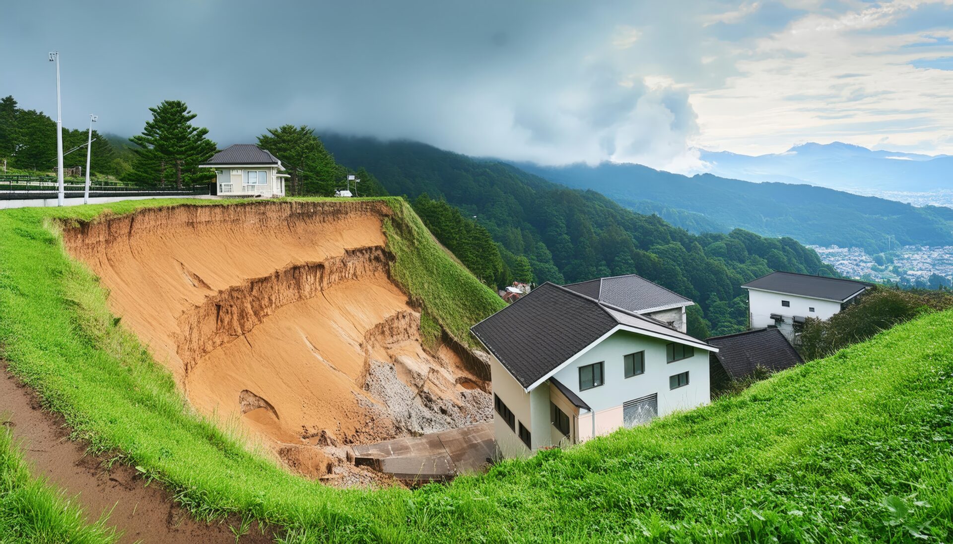 住宅近くの大規模な崖崩れ