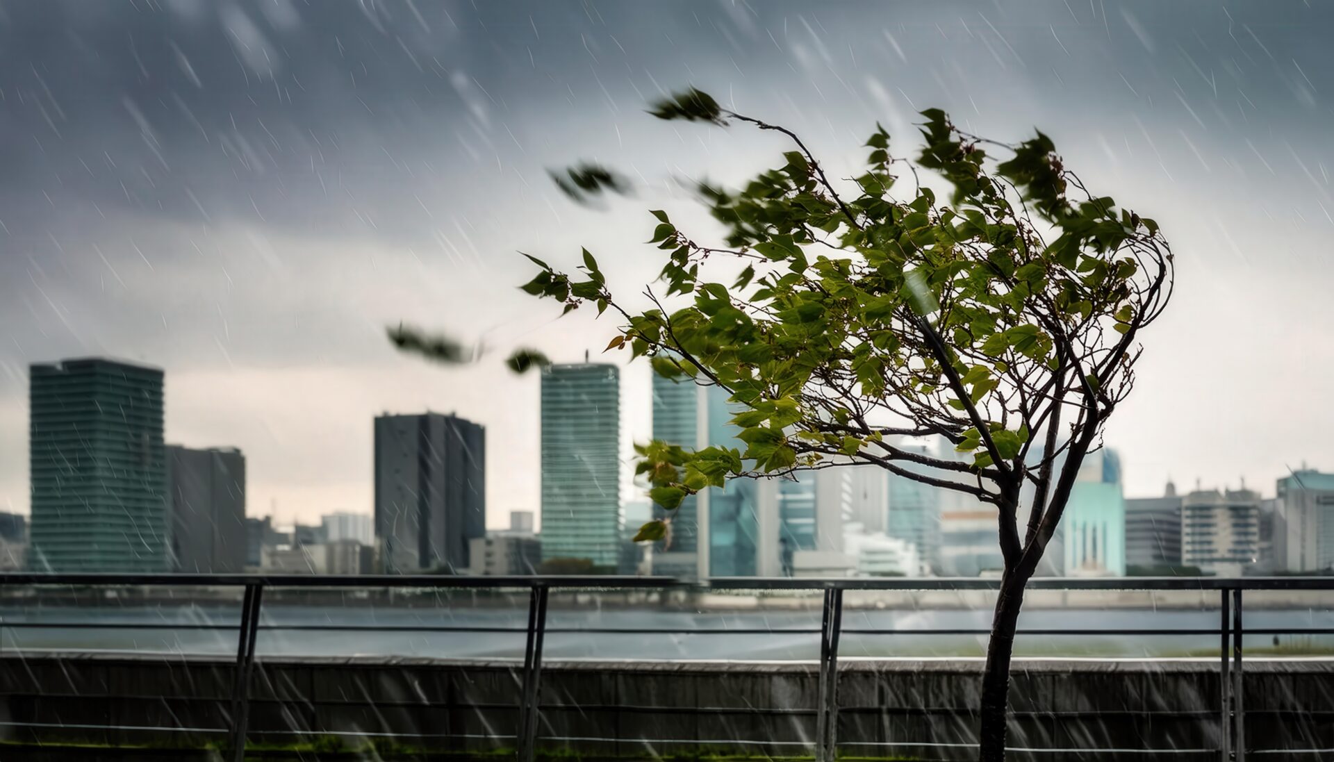 台風の風に耐える木