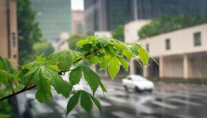 雨の日の都市と葉
