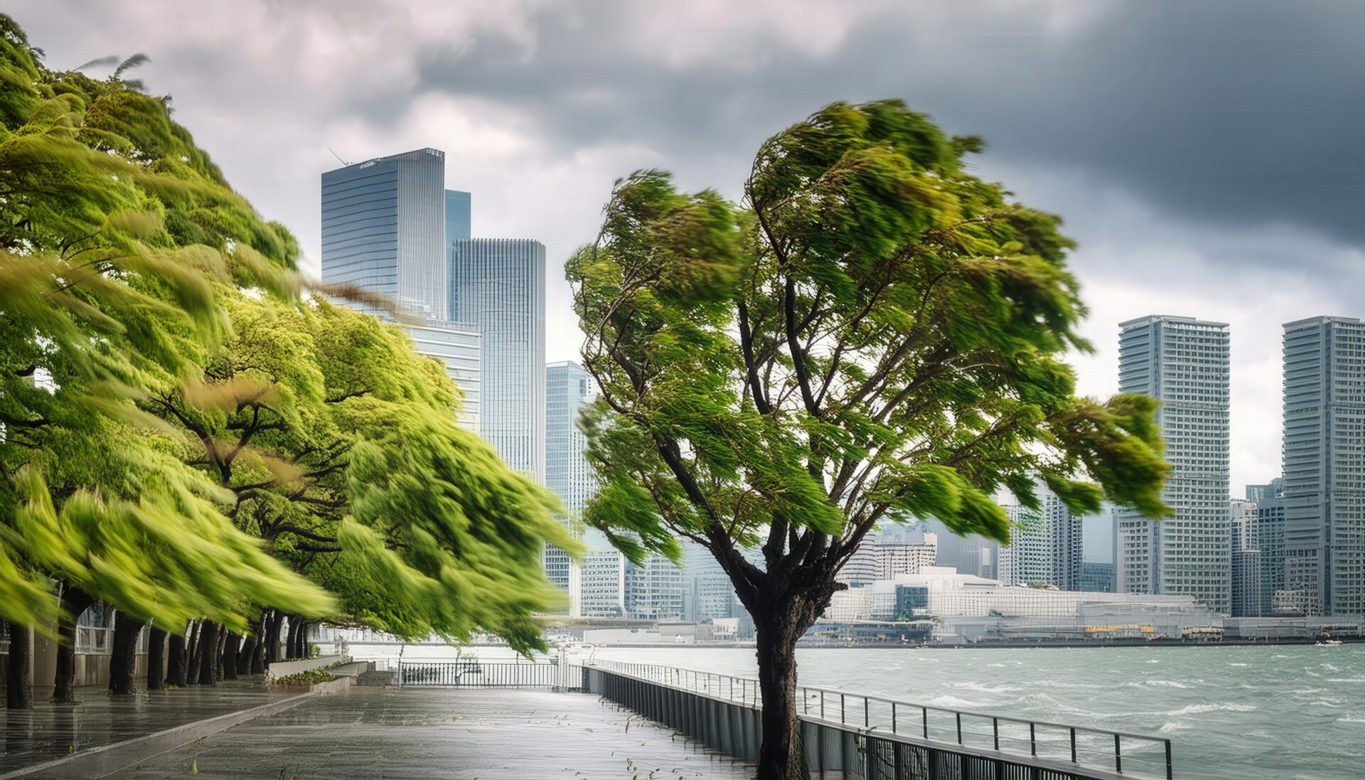 台風が接近する都市の風景