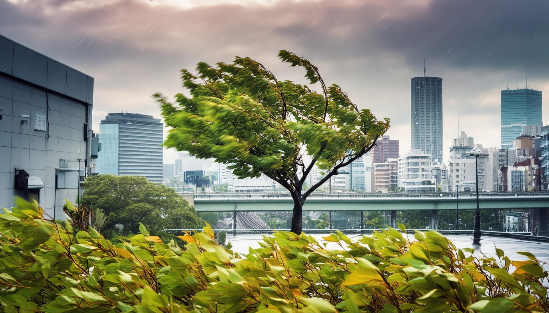 台風接近中の都市景観