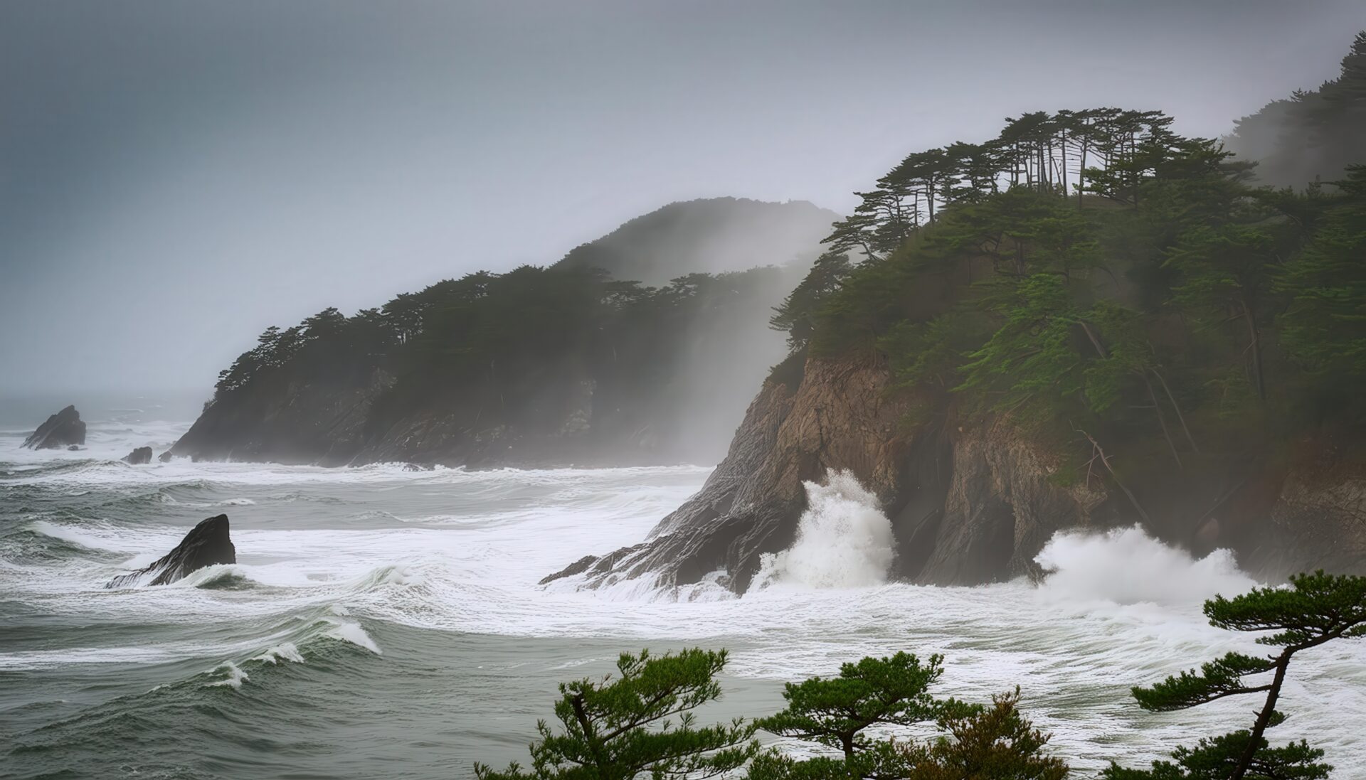 台風による荒波の海岸