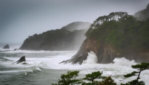 台風による荒波の海岸