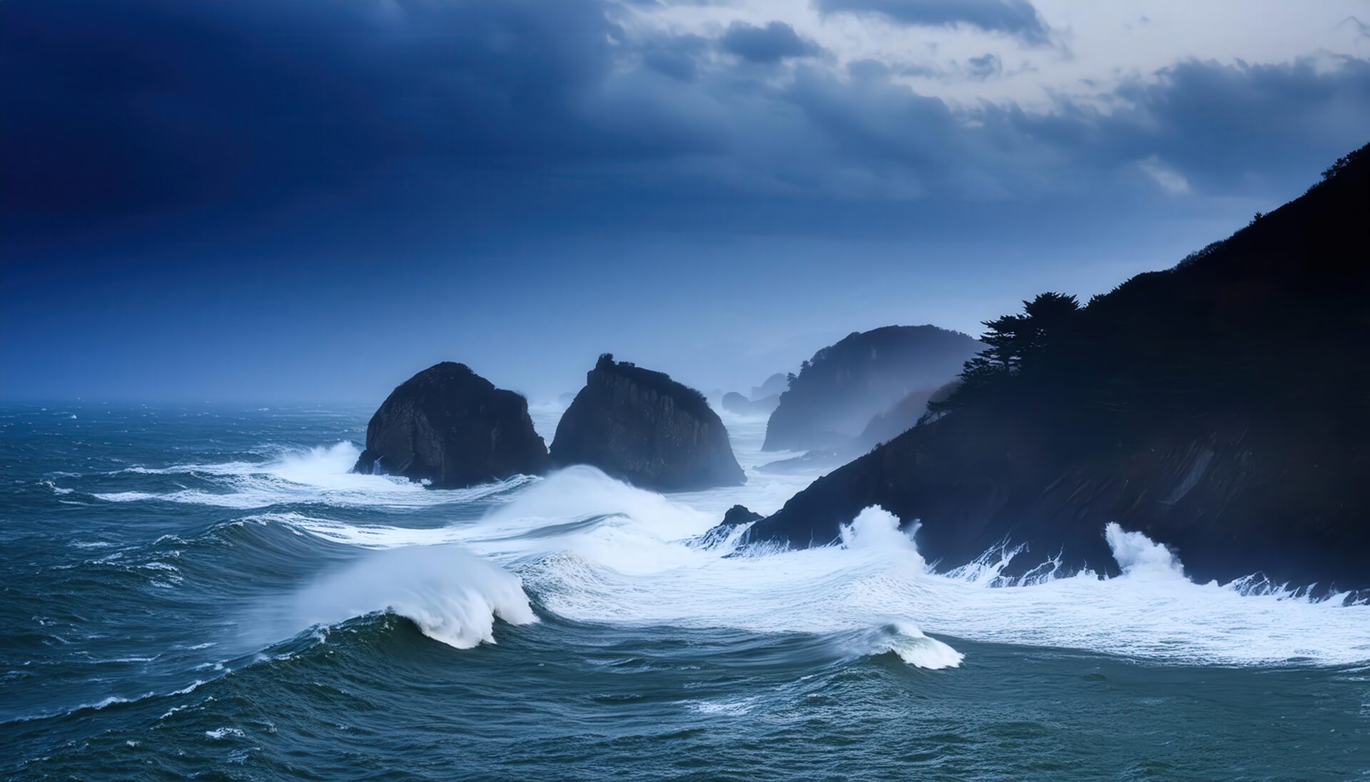 台風接近の荒波と岩礁