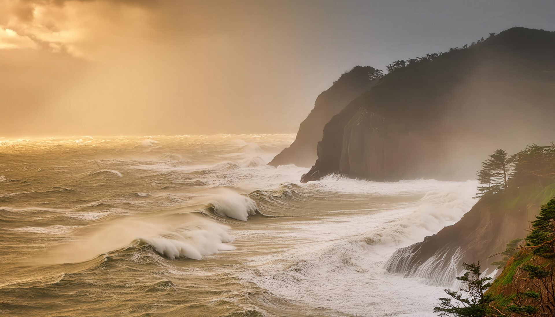荒天の海と夕日