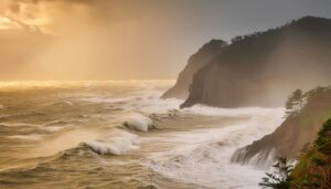 荒天の海と夕日