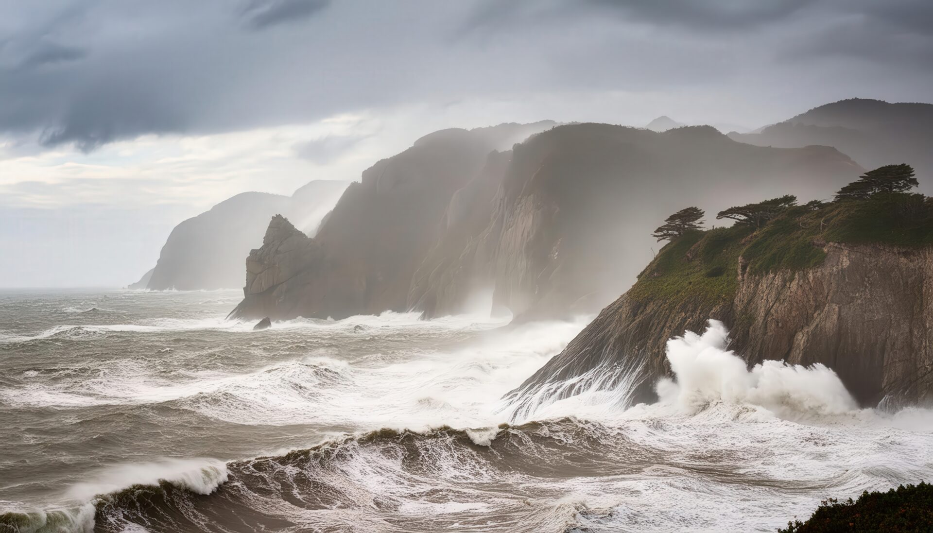 台風接近の海岸線と荒波