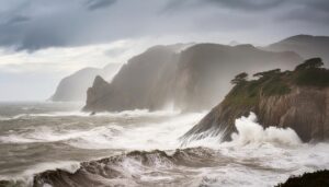 台風接近の海岸線と荒波