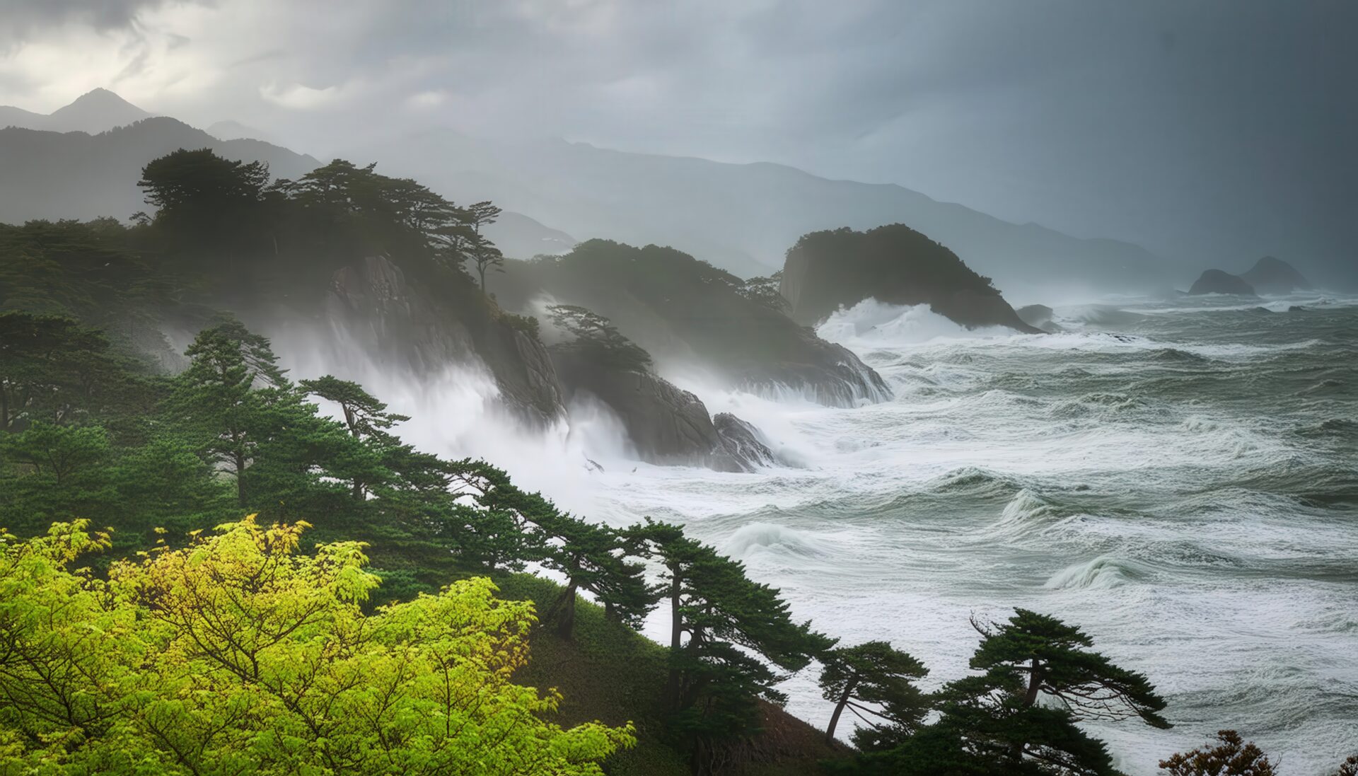 暴風雨にさらされる断崖と海