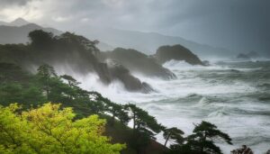 暴風雨にさらされる断崖と海