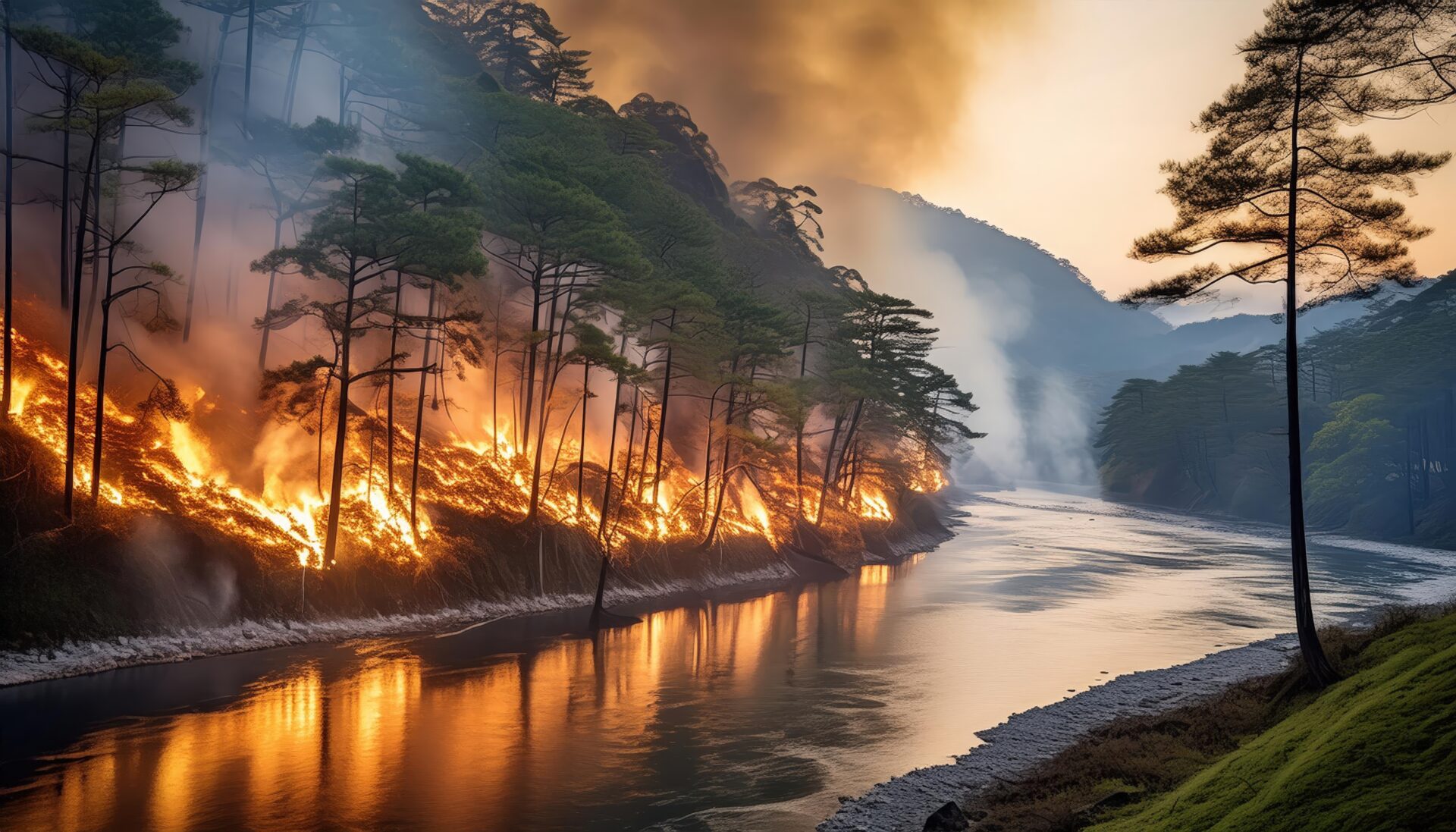 山火事による森林火災と煙