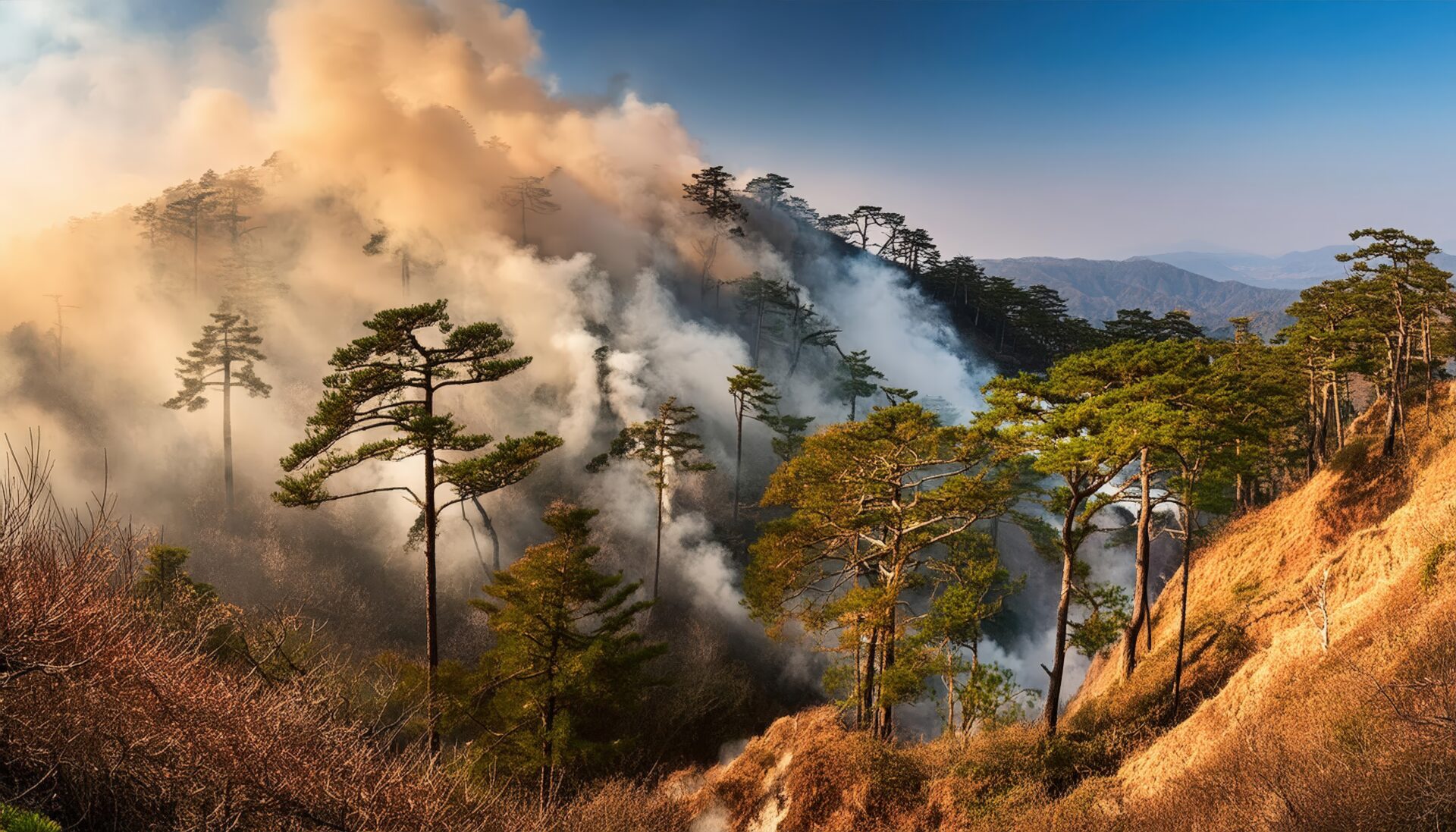 煙が立ち上る山火事の風景
