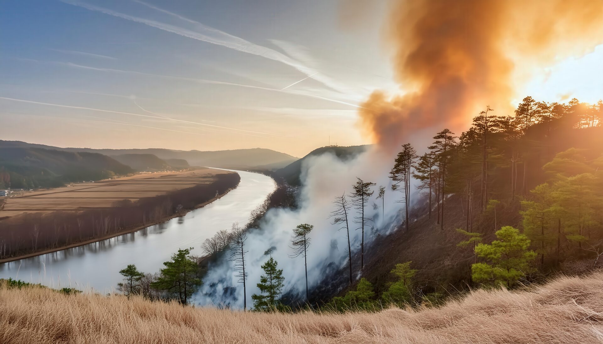 谷沿いに広がる山火事