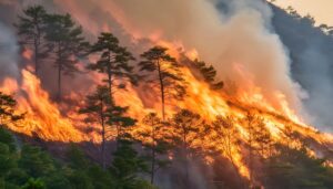 激しい山火事と燃え上がる森