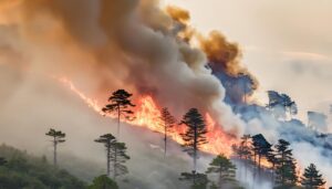 広がる炎と煙に包まれた山