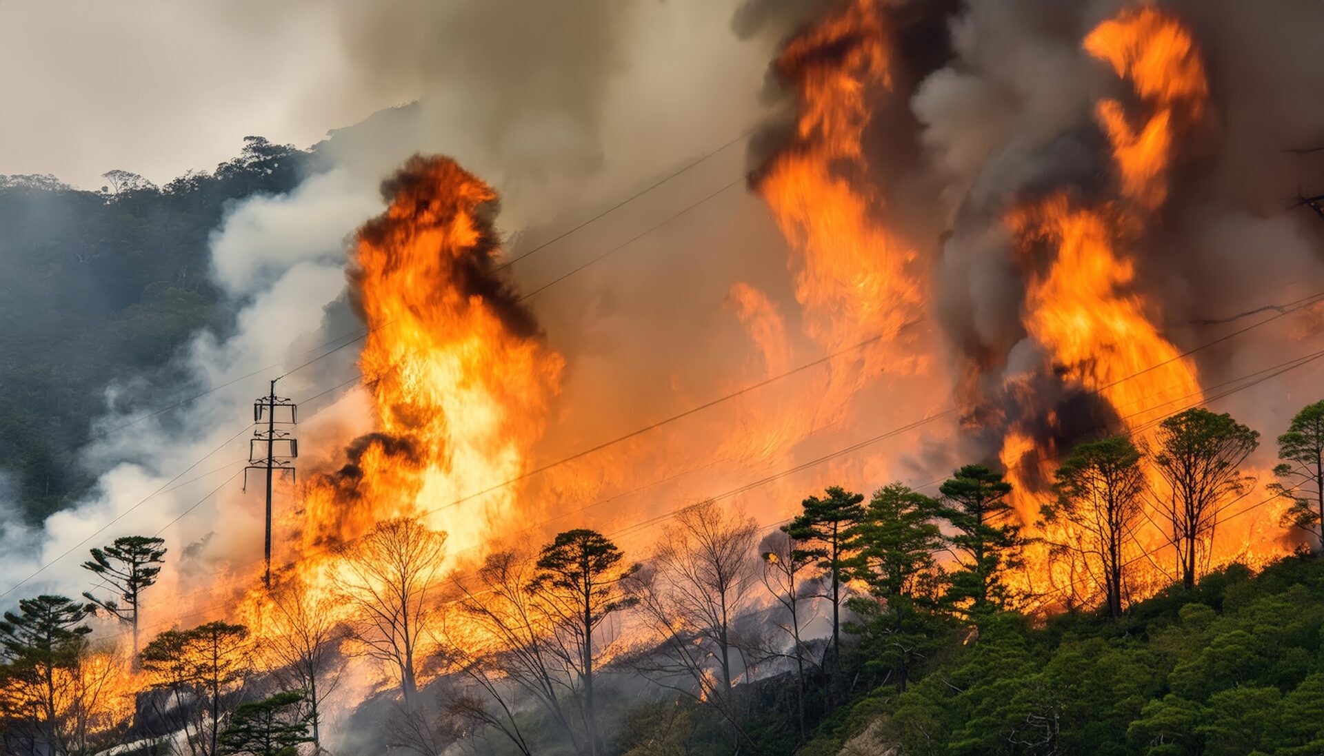 電柱近くで燃え広がる山火事