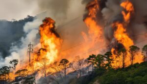 電柱近くで燃え広がる山火事