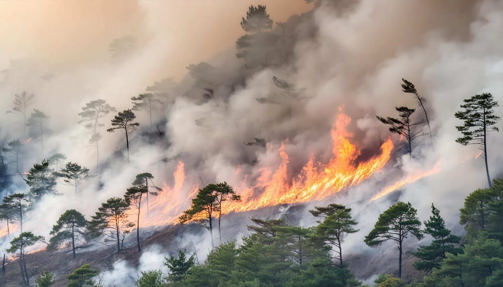 傾斜地で燃え広がる山火事