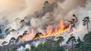 傾斜地で燃え広がる山火事