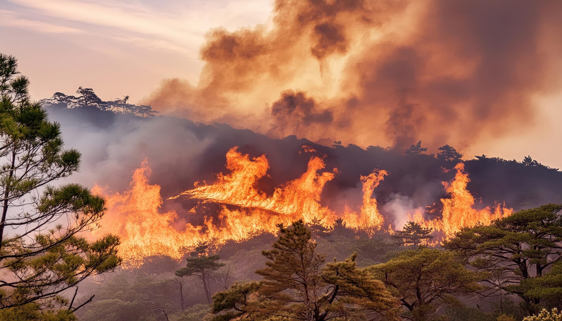大規模な森林火災と煙