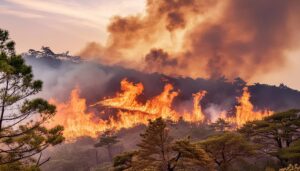 大規模な森林火災と煙