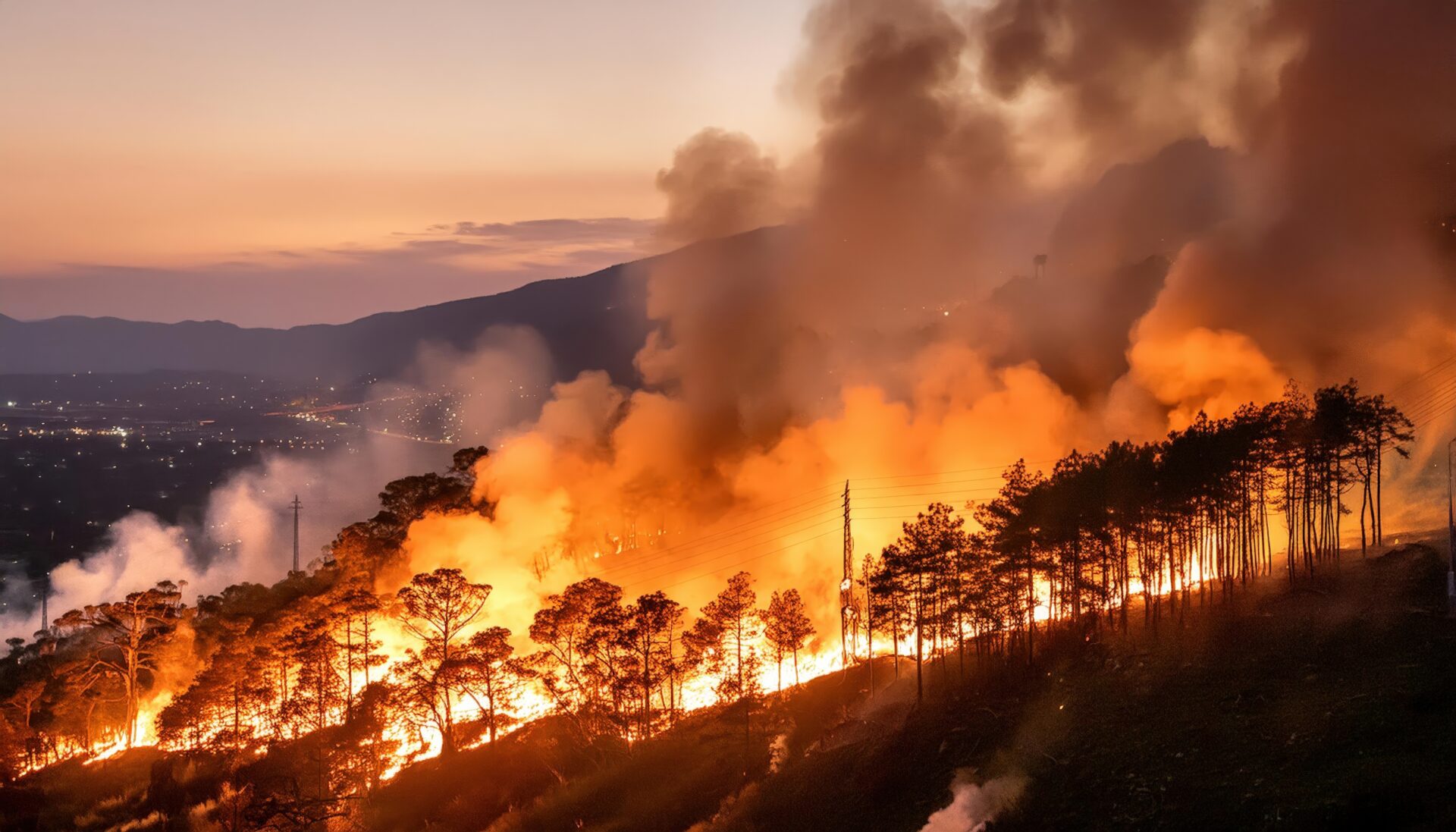 夜に広がる山火事と街の灯り