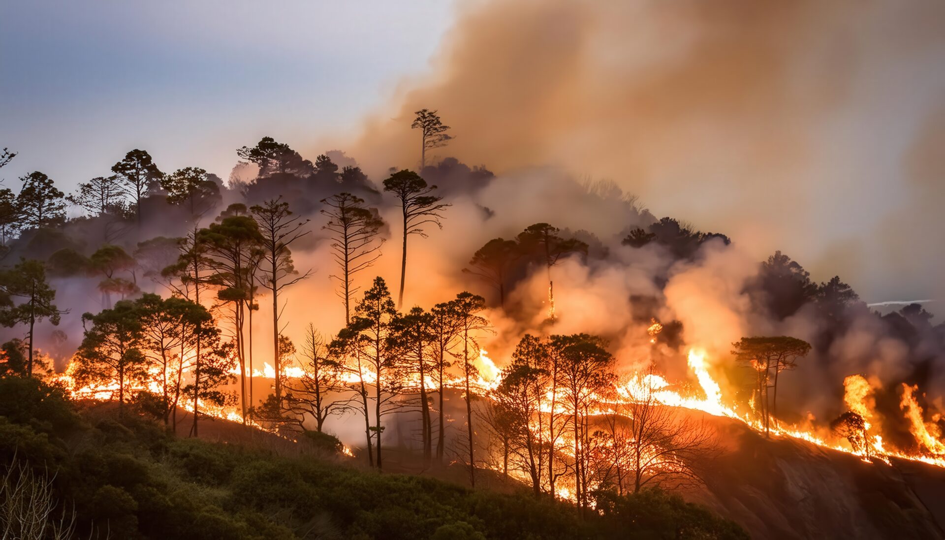 山の尾根を焼く森林火災