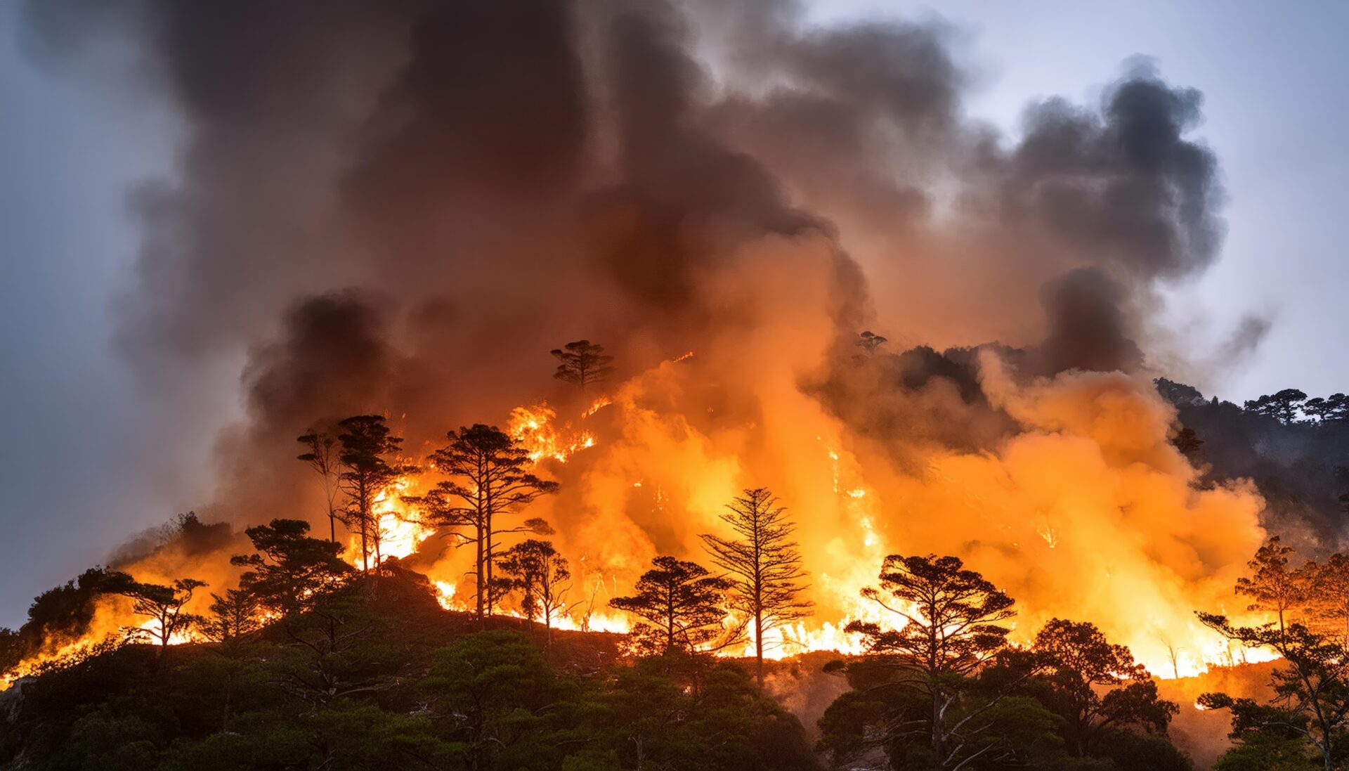 激しく燃える山の森林火災