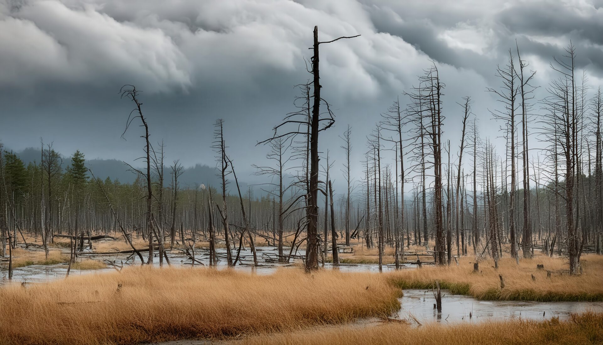 酸性雨に侵された湿地の森