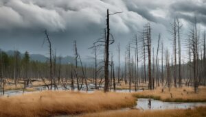 酸性雨に侵された湿地の森