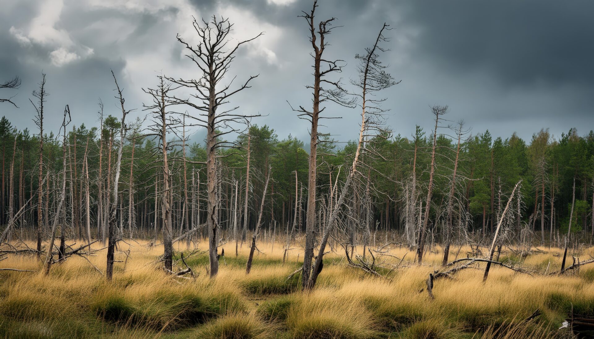 酸性雨で枯れた森の風景