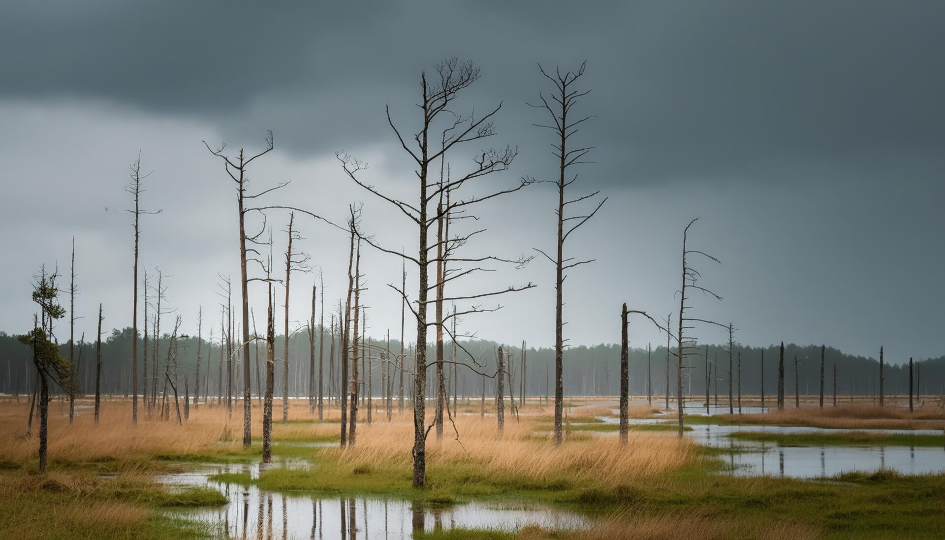 酸性雨で荒廃した湿地帯
