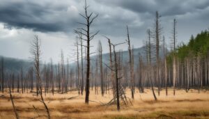 酸性雨の影響で枯れた草原の森