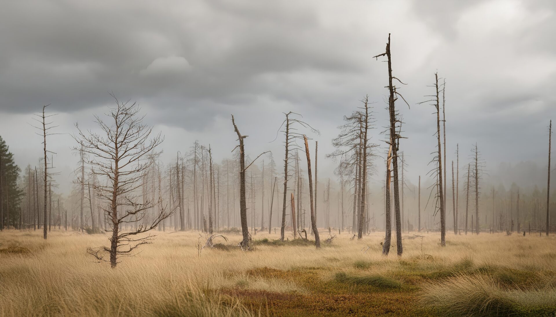 酸性雨で荒れた湿地の風景