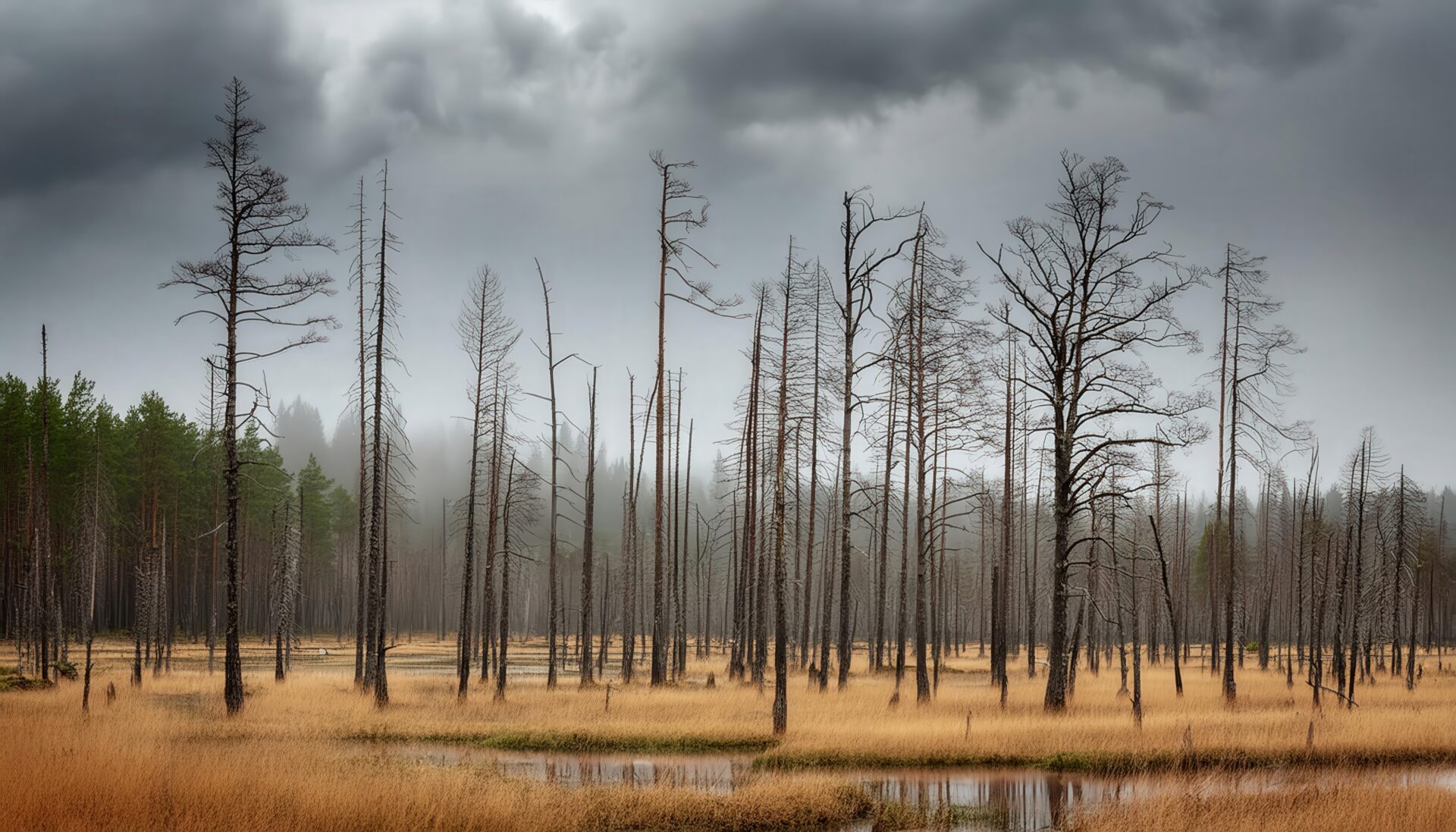 酸性雨で荒廃した森と湿地